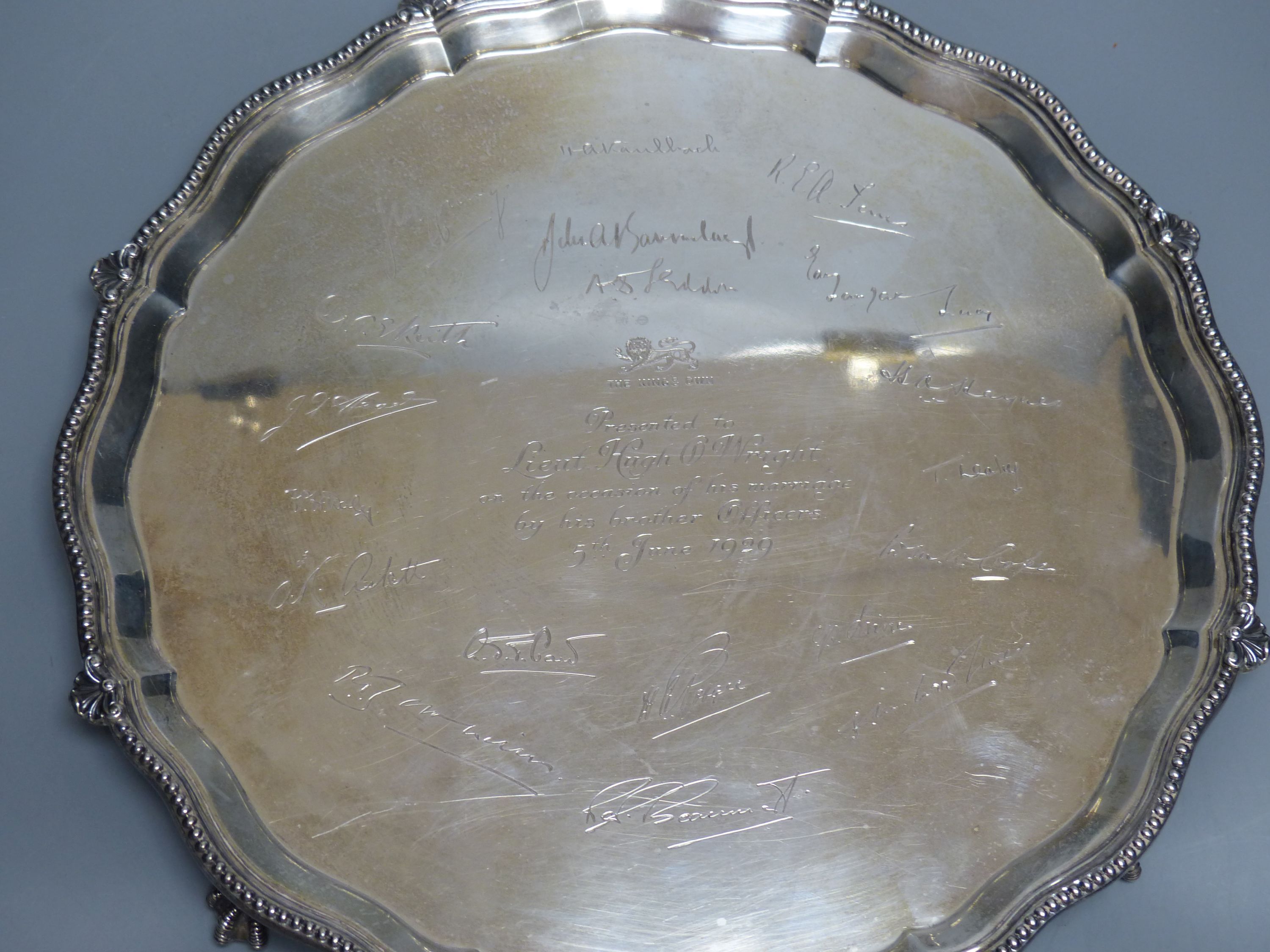 An Edwardian silver salver, later engraved with signatures, James Dixon & Sons, Sheffield, 1906, 32cm,